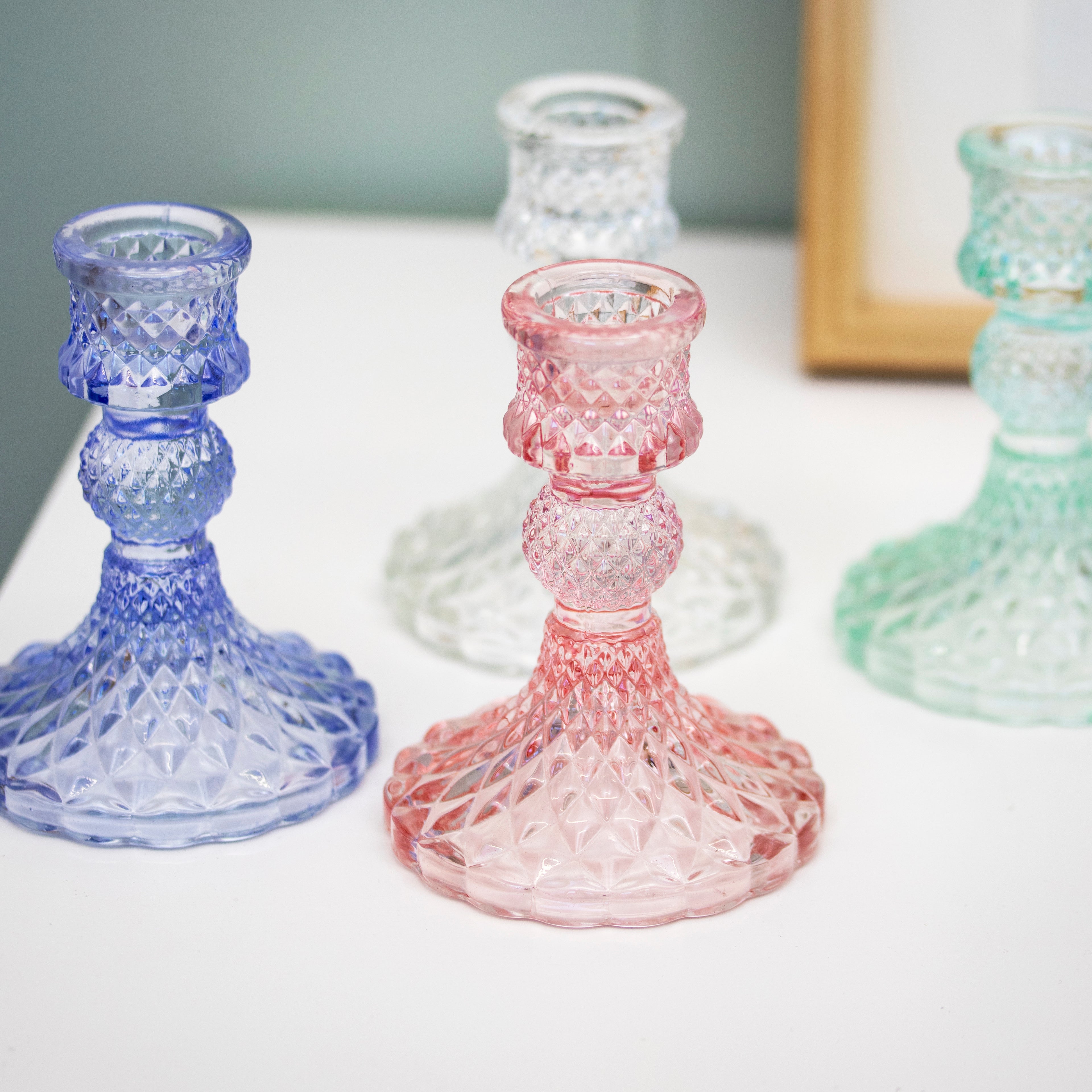 Set Of 4 Pastel Jewel Glass Candlestick Holders