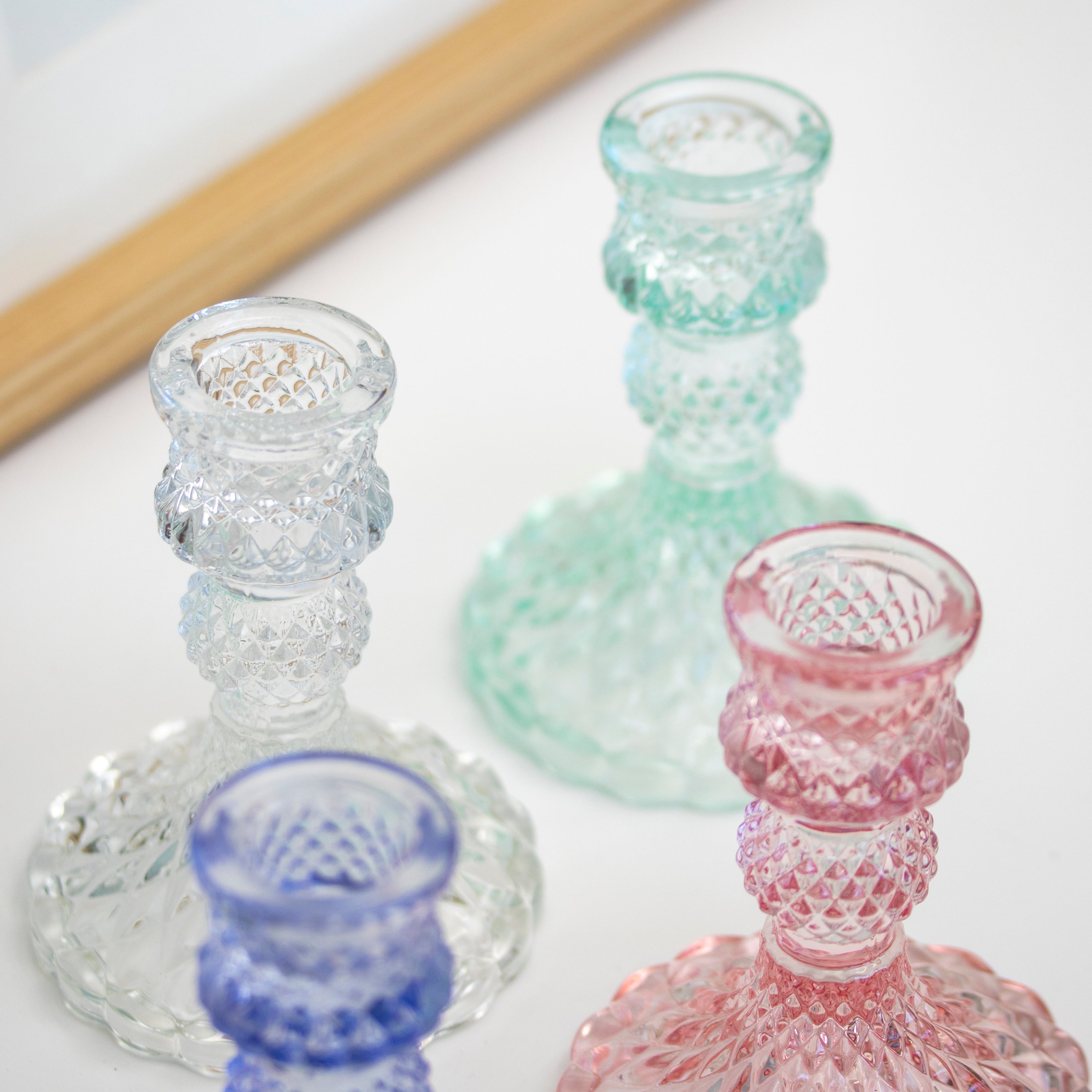 Set Of 4 Pastel Jewel Glass Candlestick Holders
