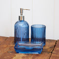 Blue Ribbed Glass Set Of 3 Bathroom Accessories