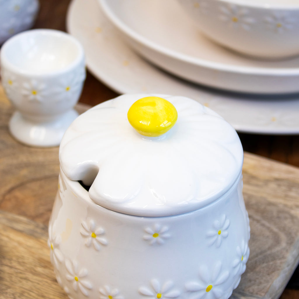 White Daisy Honey Pot With Drizzler