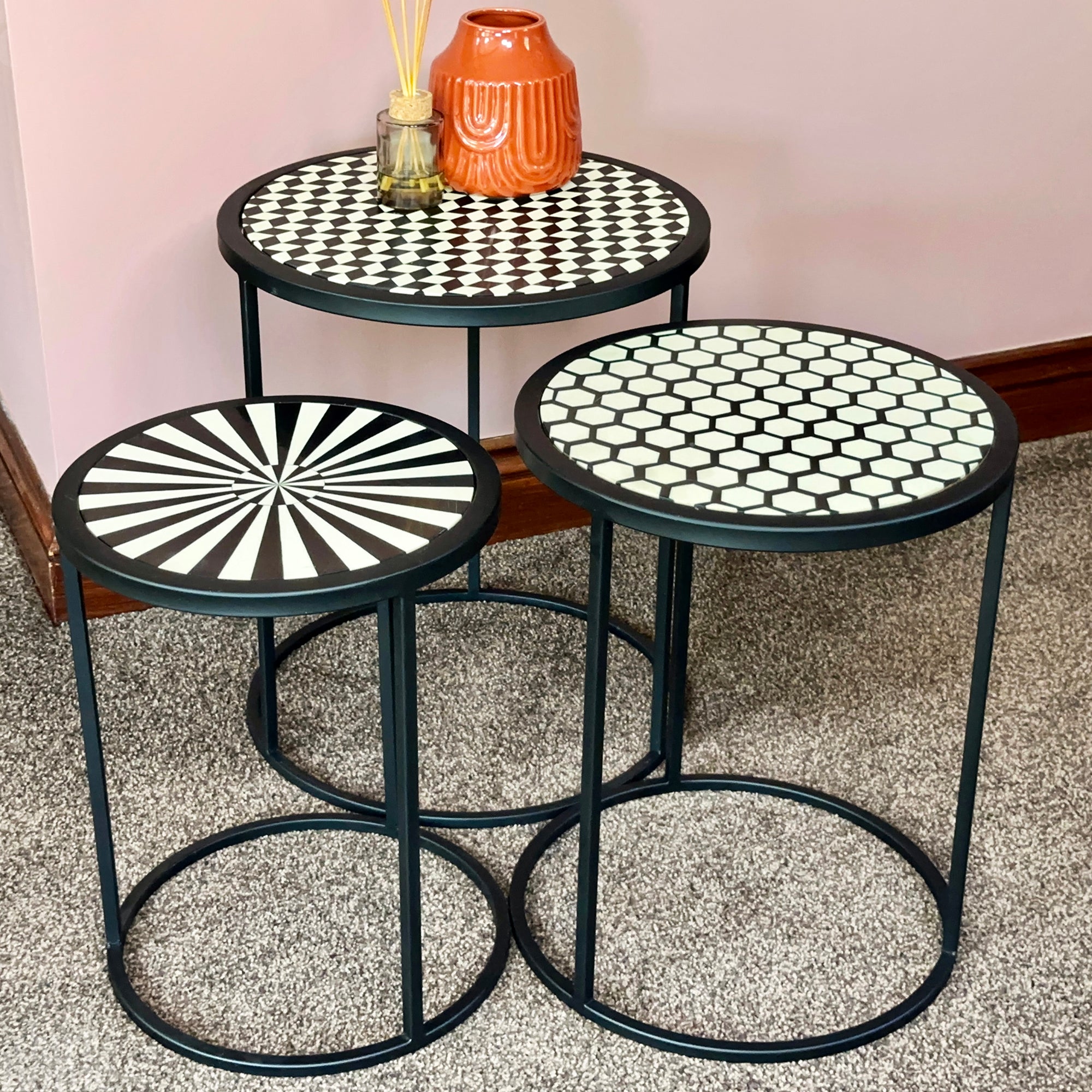 Set Of 3 Round Monochrome Aztec Tables