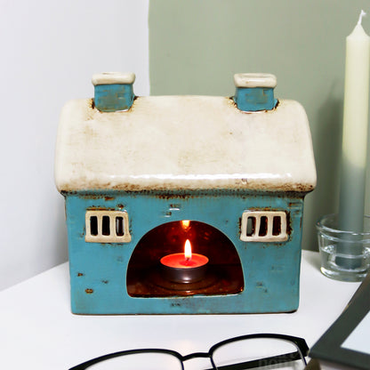 Large Blue House Tealight Holder