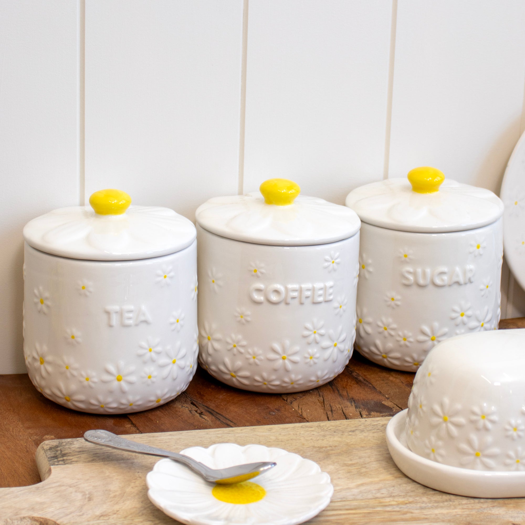 Set Of 3 White Daisy Tea Coffee Sugar Canisters
