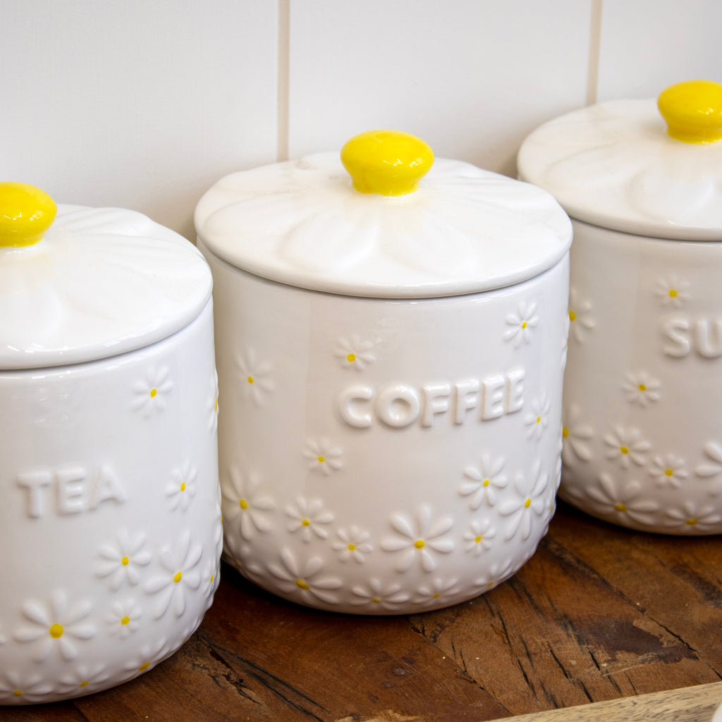 Set Of 3 White Daisy Tea Coffee Sugar Canisters