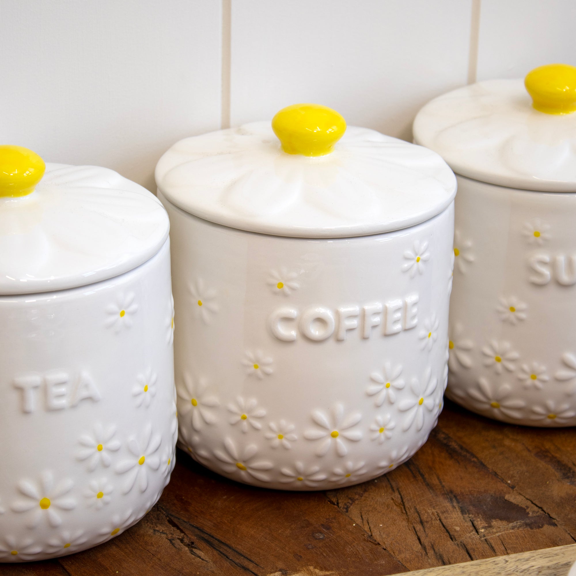 Set Of 3 White Daisy Tea Coffee Sugar Canisters