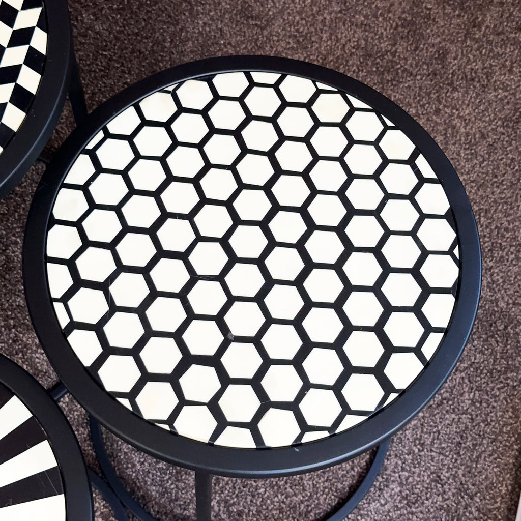 Set Of 3 Round Monochrome Aztec Tables