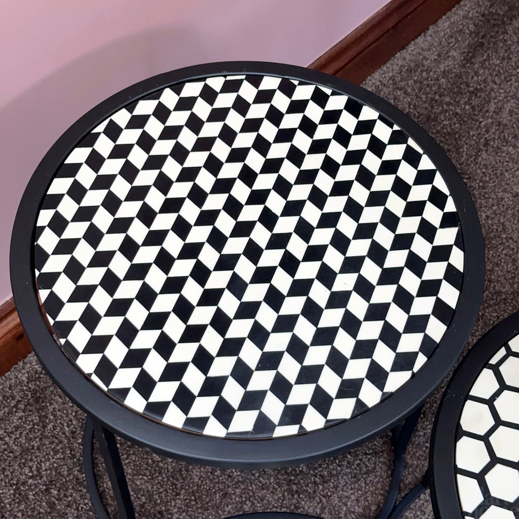 Set Of 3 Round Monochrome Aztec Tables