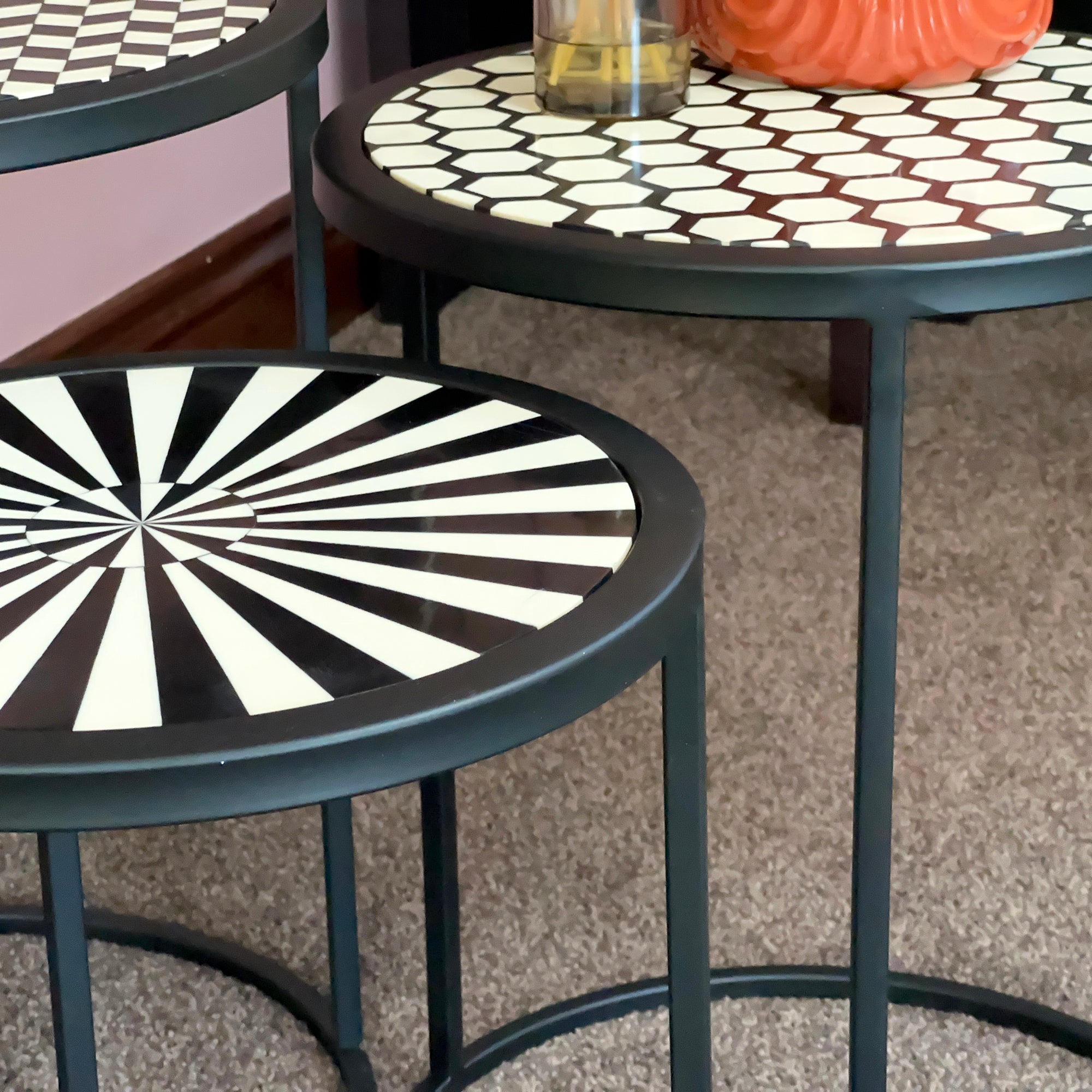 Set Of 3 Round Monochrome Aztec Tables