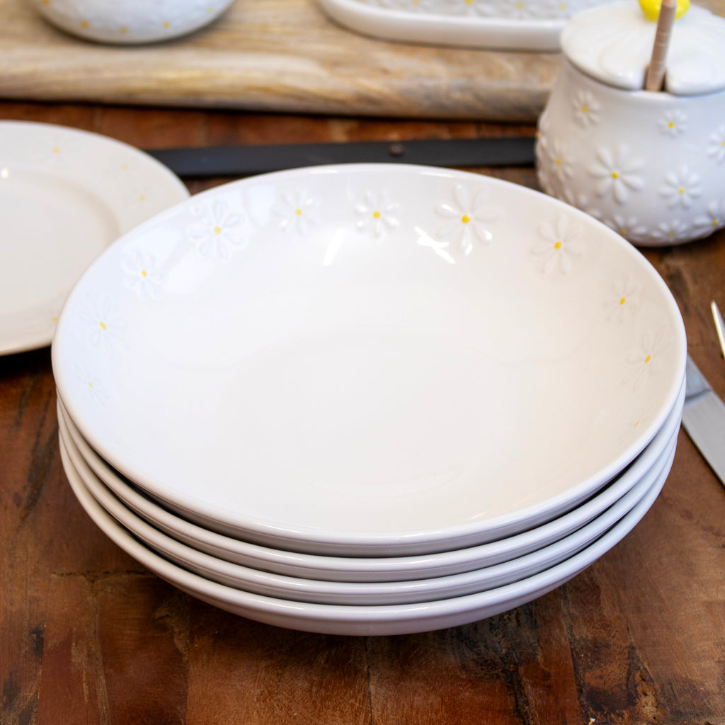 Set Of 4 White Daisy Pasta Bowls