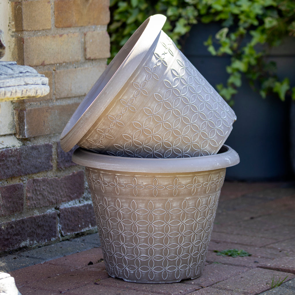 Taupe Brown Modern Flora Round Planter 13.5"