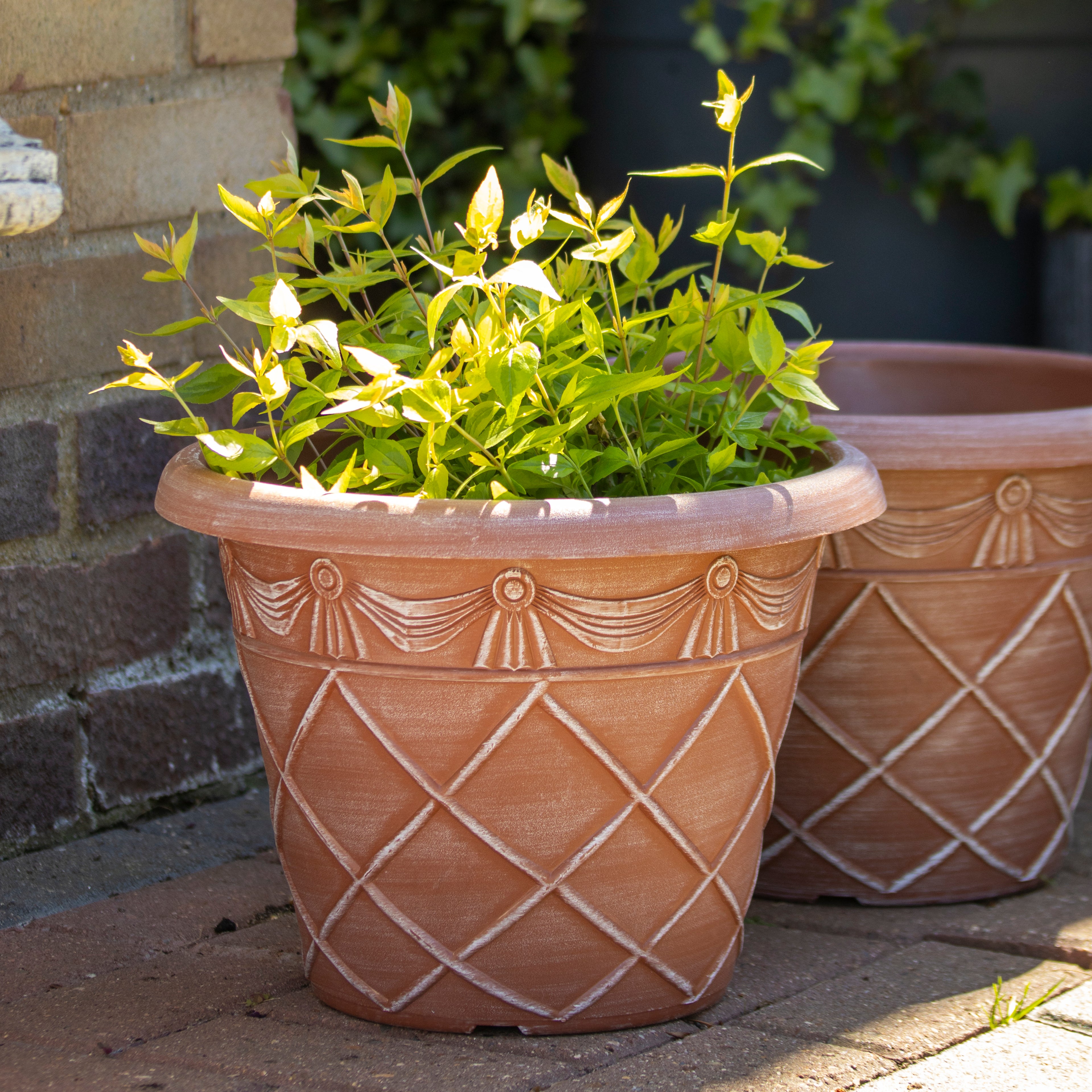 Set Of 2 Round Powdered Terracotta Roman Planters 13"