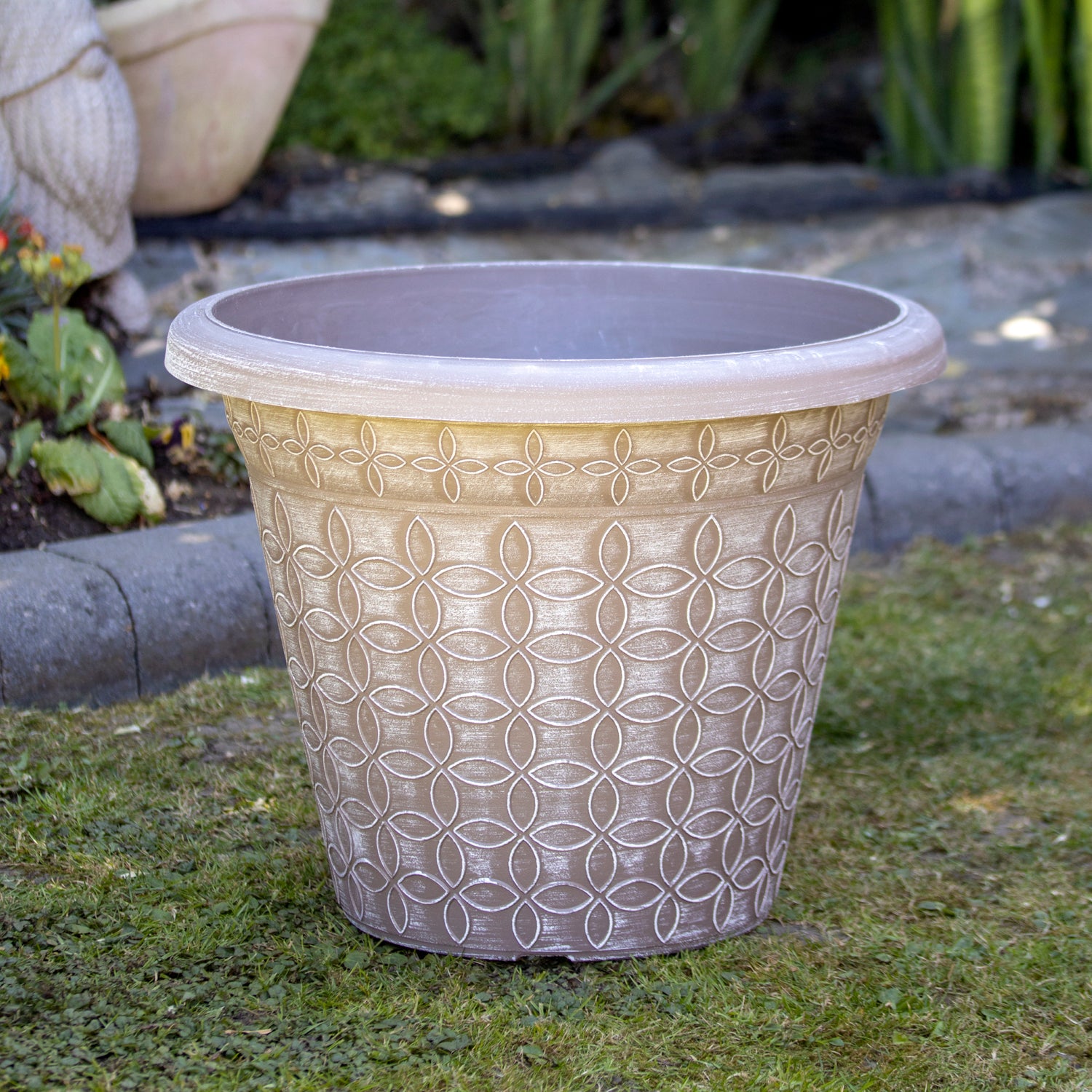 Taupe Brown Modern Flora Round Planter 18"