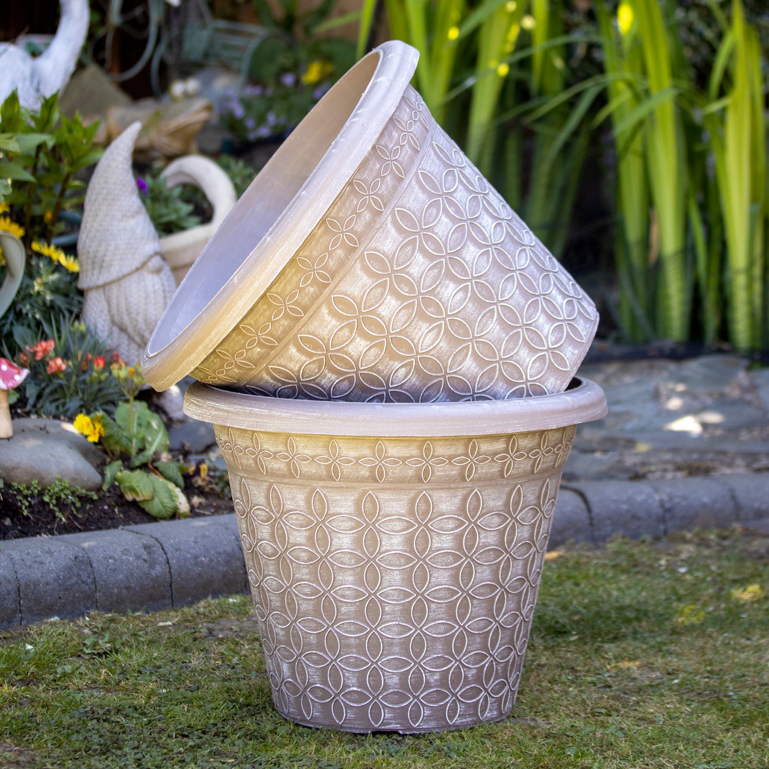 Taupe Brown Modern Flora Round Planter 18"