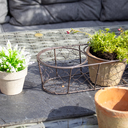 Set Of 3 Aged Terracotta Pots In Wire Basket
