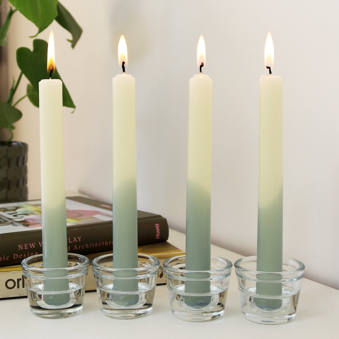 Set Of 4 Two Tone Green Hand Dipped Taper Candles