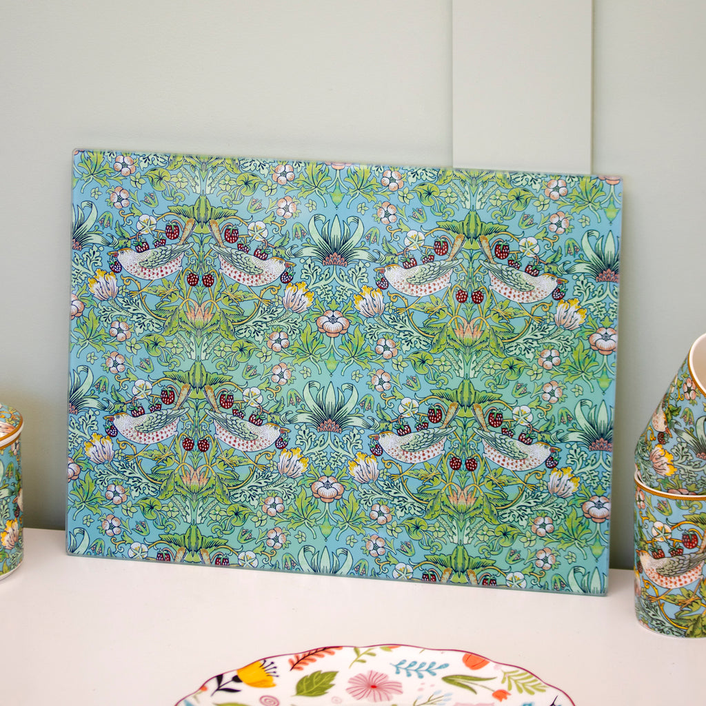 William Morris Teal Strawberry Thief Glass Worktop Saver