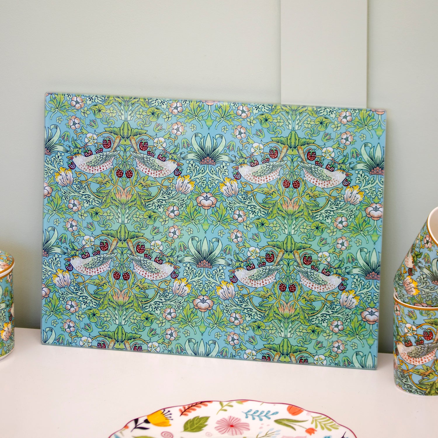 William Morris Teal Strawberry Thief Glass Worktop Saver