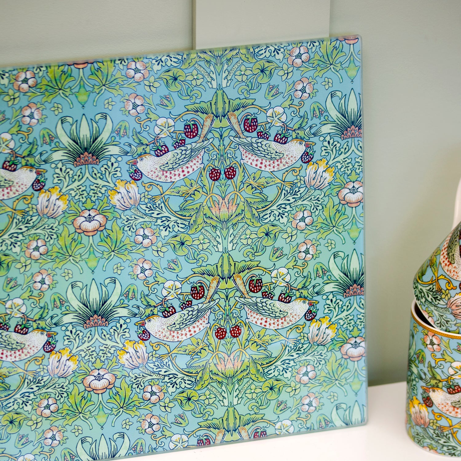 William Morris Teal Strawberry Thief Glass Worktop Saver