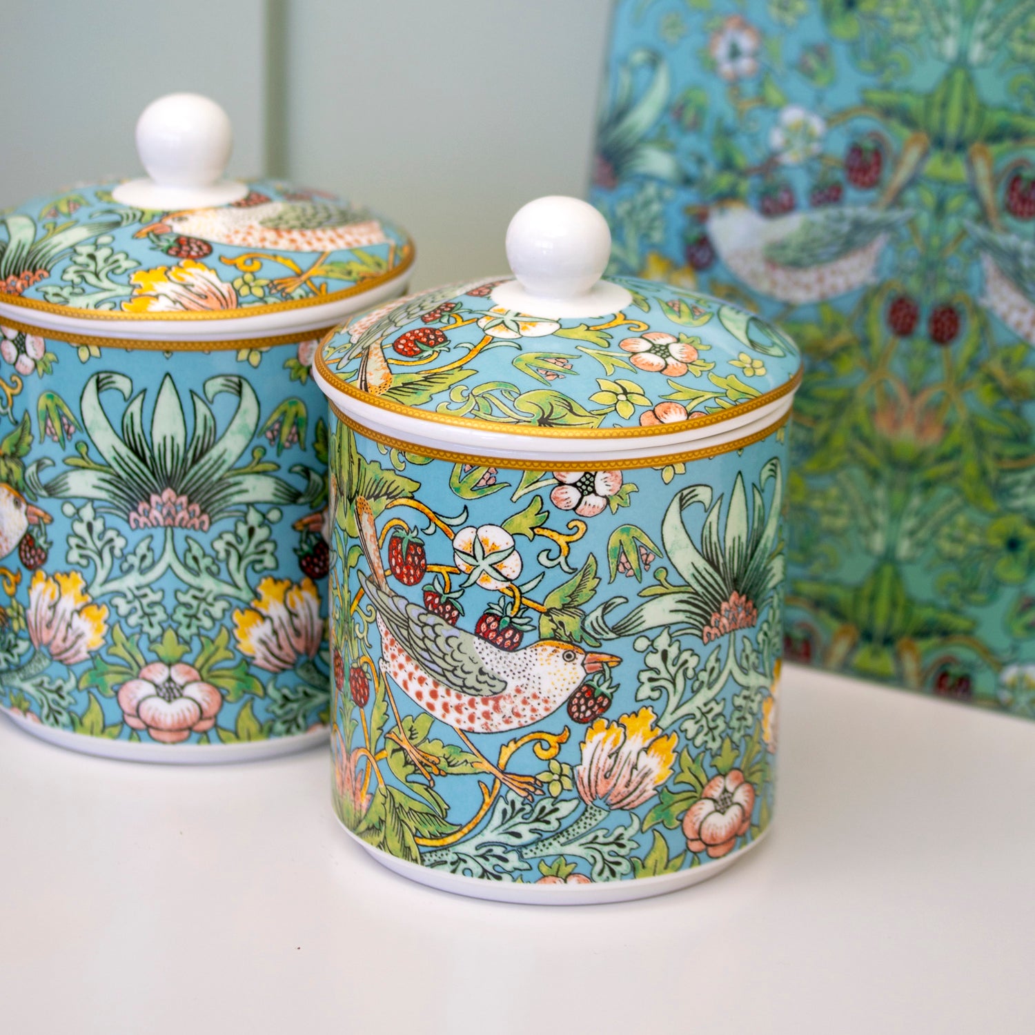 Set Of 3 William Morris Teal Strawberry Thief Storage Jars