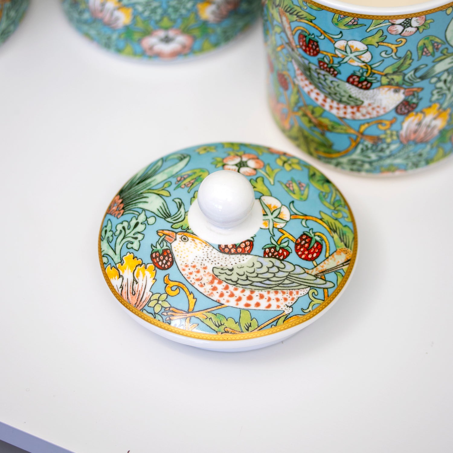 Set Of 3 William Morris Teal Strawberry Thief Storage Jars