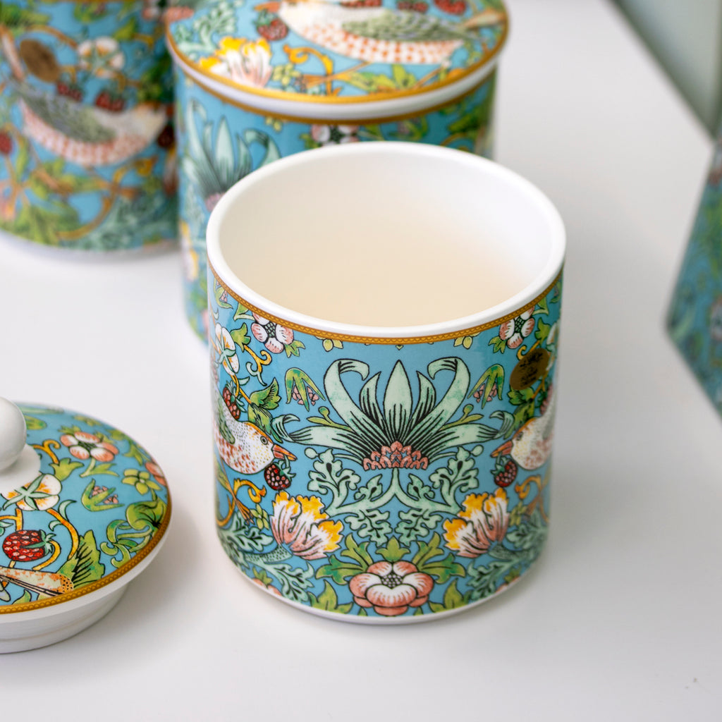 Set Of 3 William Morris Teal Strawberry Thief Storage Jars