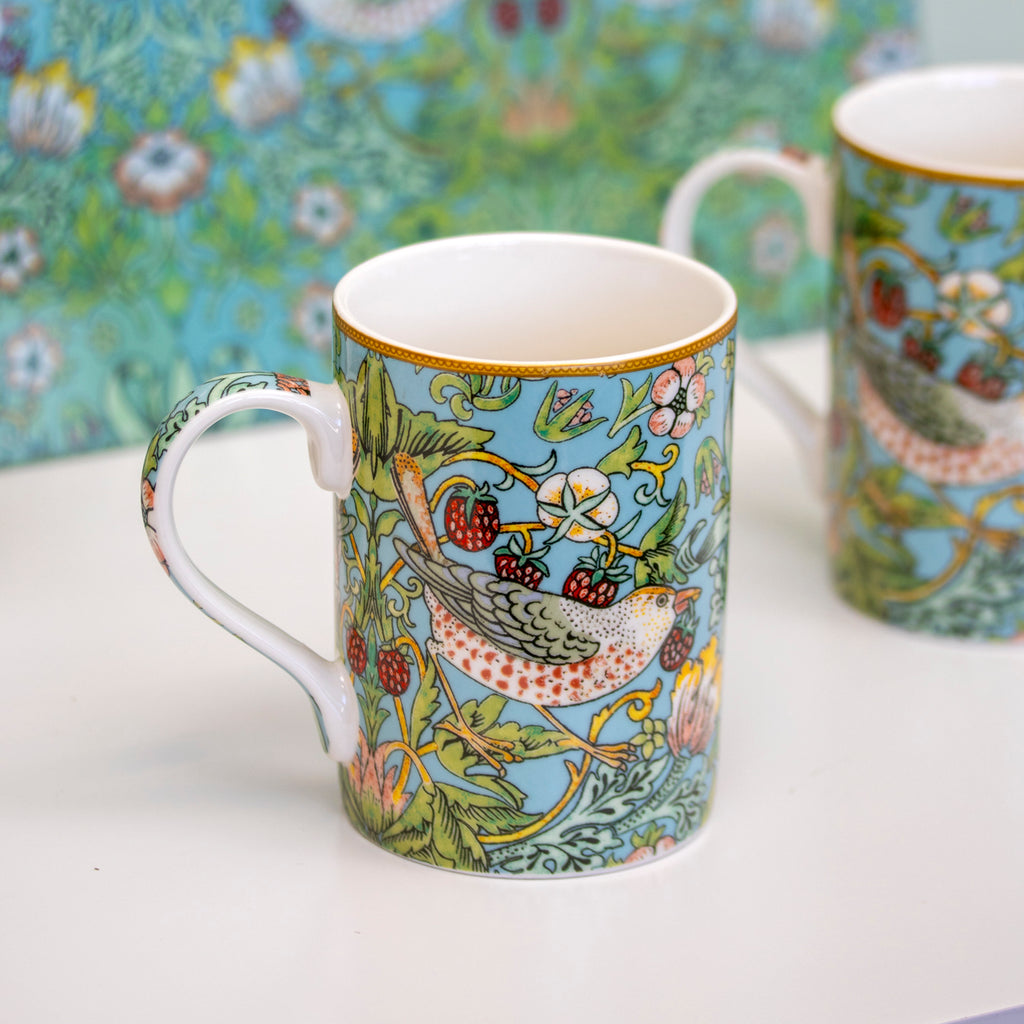 Set Of 4 William Morris Teal Strawberry Thief Mugs