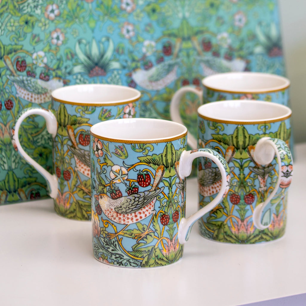 Set Of 4 William Morris Teal Strawberry Thief Mugs