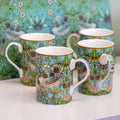 Set Of 4 William Morris Teal Strawberry Thief Mugs