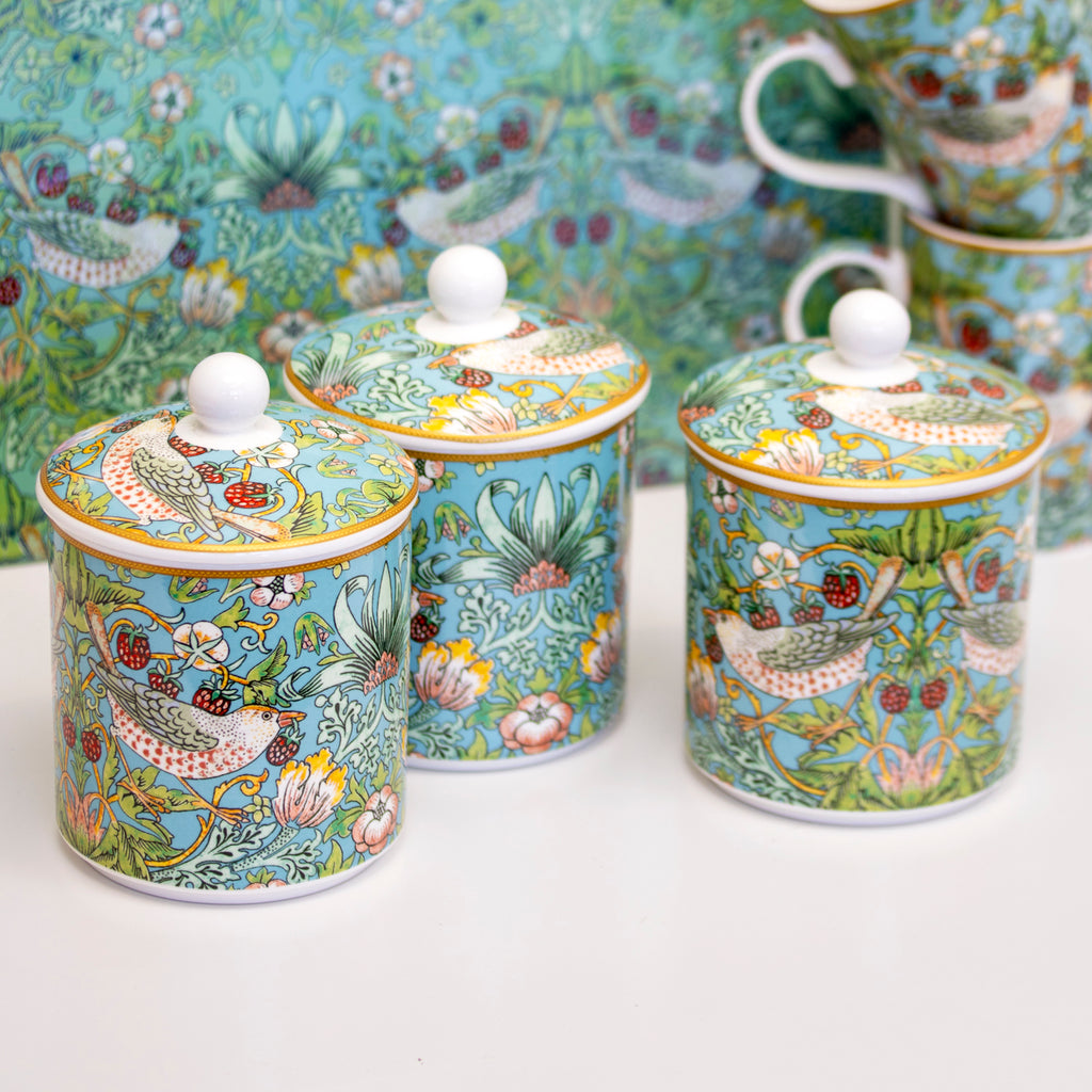 Set Of 3 William Morris Teal Strawberry Thief Storage Jars
