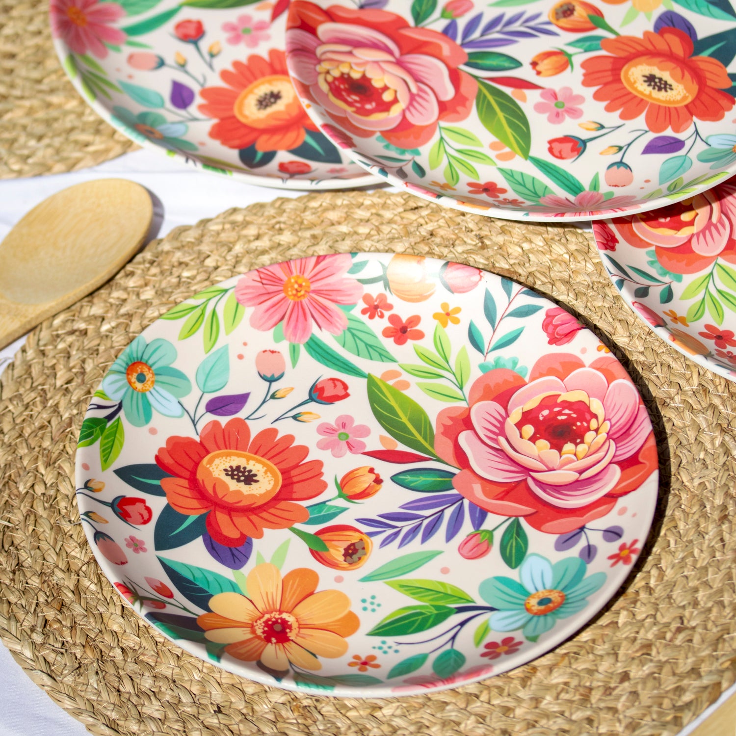 Set Of 4 Melamine Floral Dinner Plates