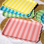 Set Of 4 Melamine Scalloped Stripe Serving Trays