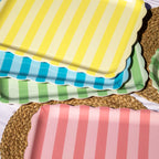 Set Of 4 Melamine Scalloped Stripe Serving Trays