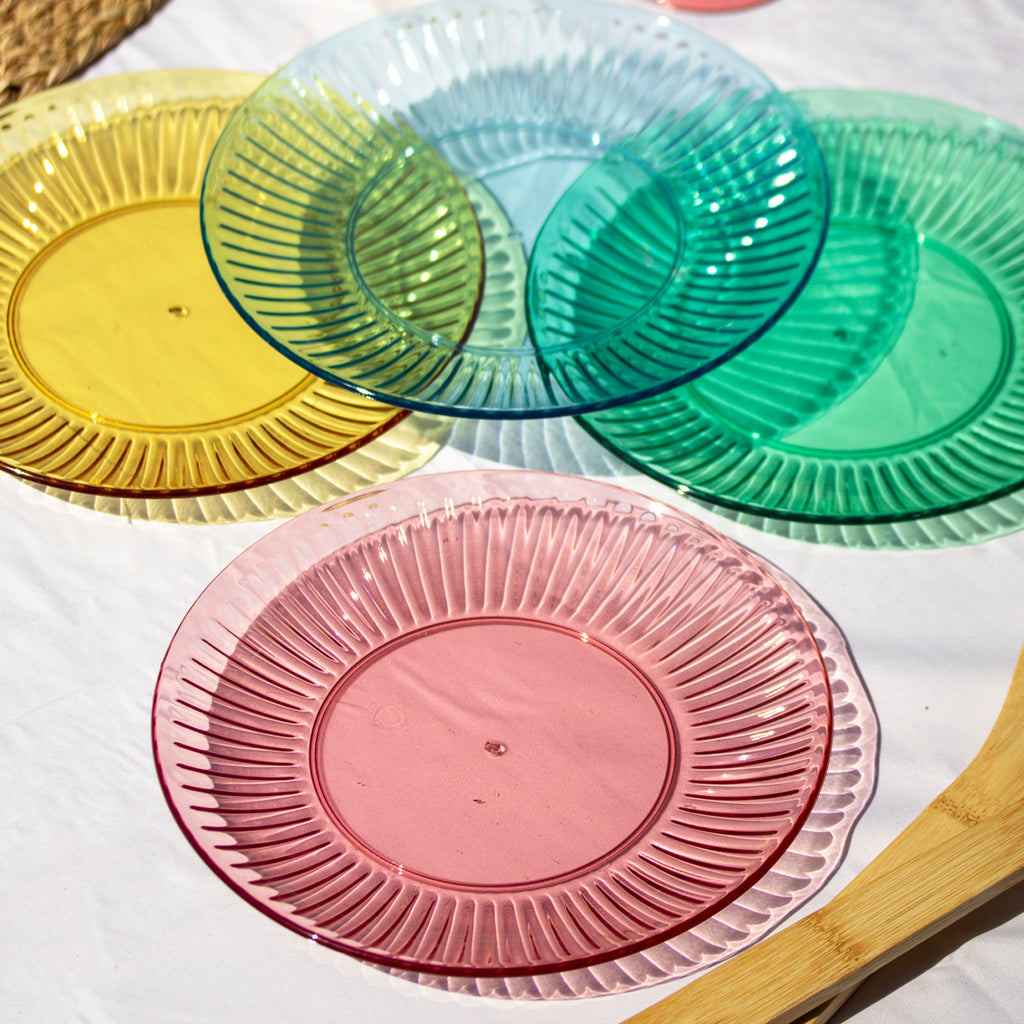 Set Of 4 Melamine Bright Mix Ribbed Outdoor Plates