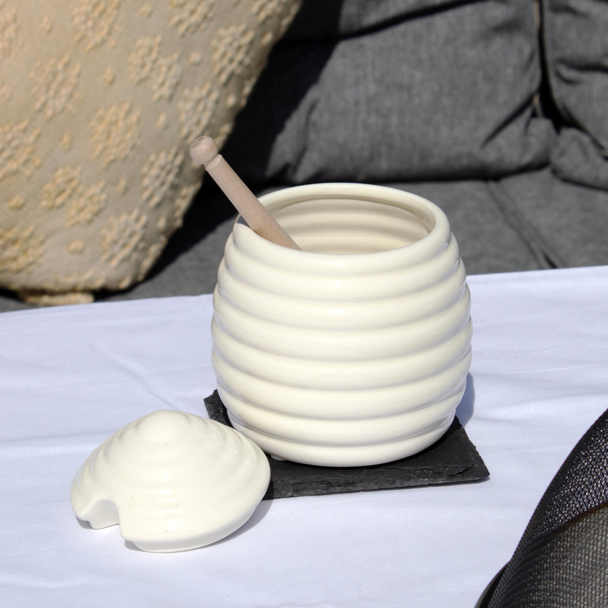 Cream Beehive Honey Pot With Wood Dipper