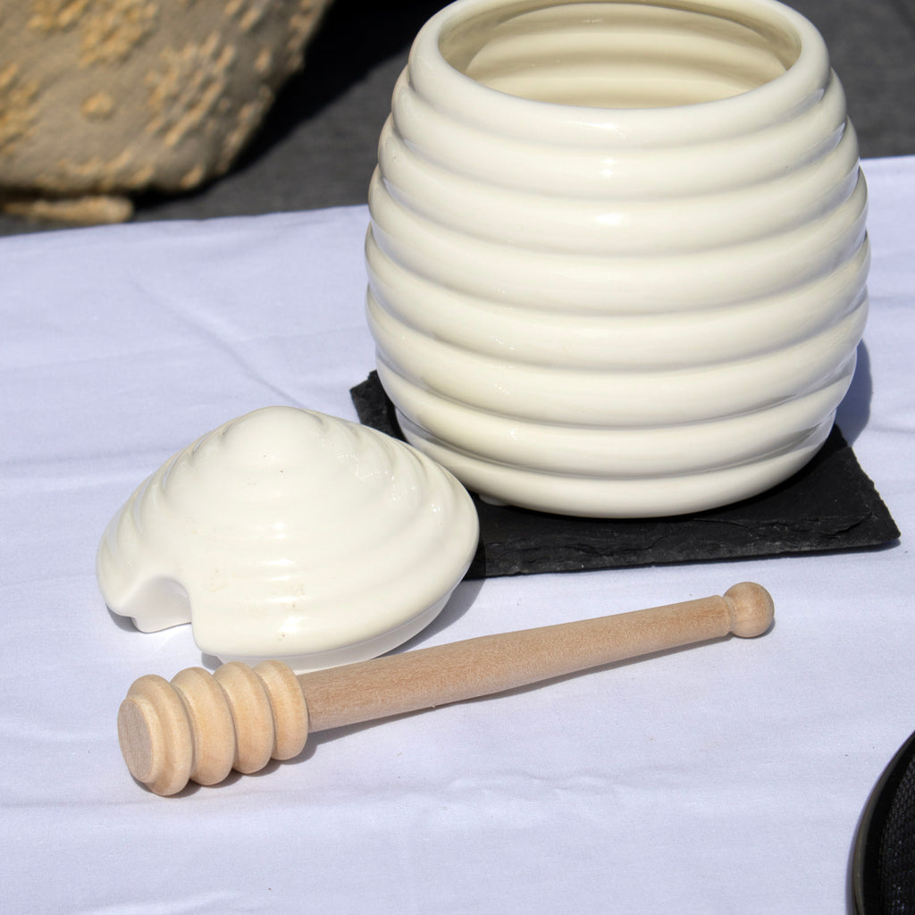 Cream Beehive Honey Pot With Wood Dipper