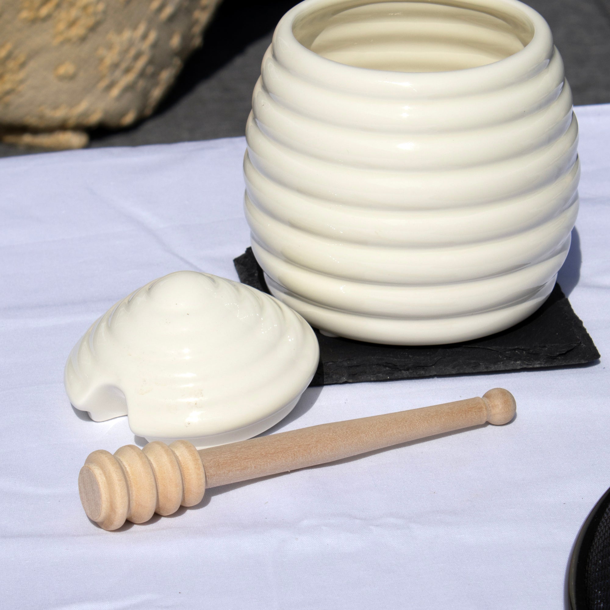 Cream Beehive Honey Pot With Wood Dipper