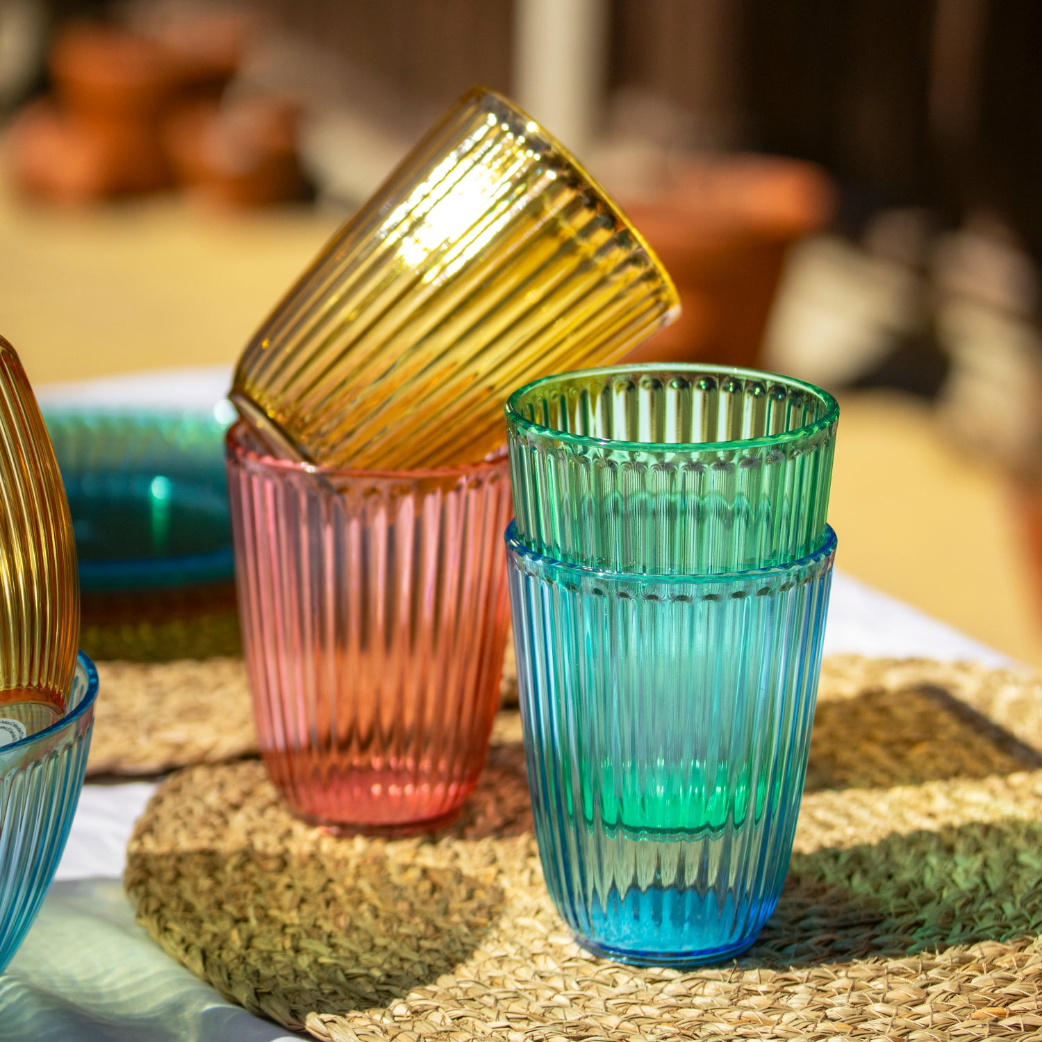 Set Of 4 Melamine Bright Mix Ribbed Tumblers