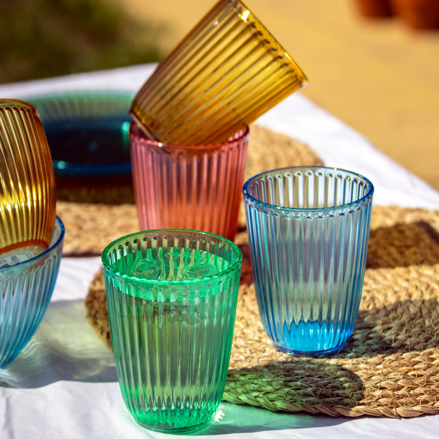 Set Of 4 Melamine Bright Mix Ribbed Tumblers