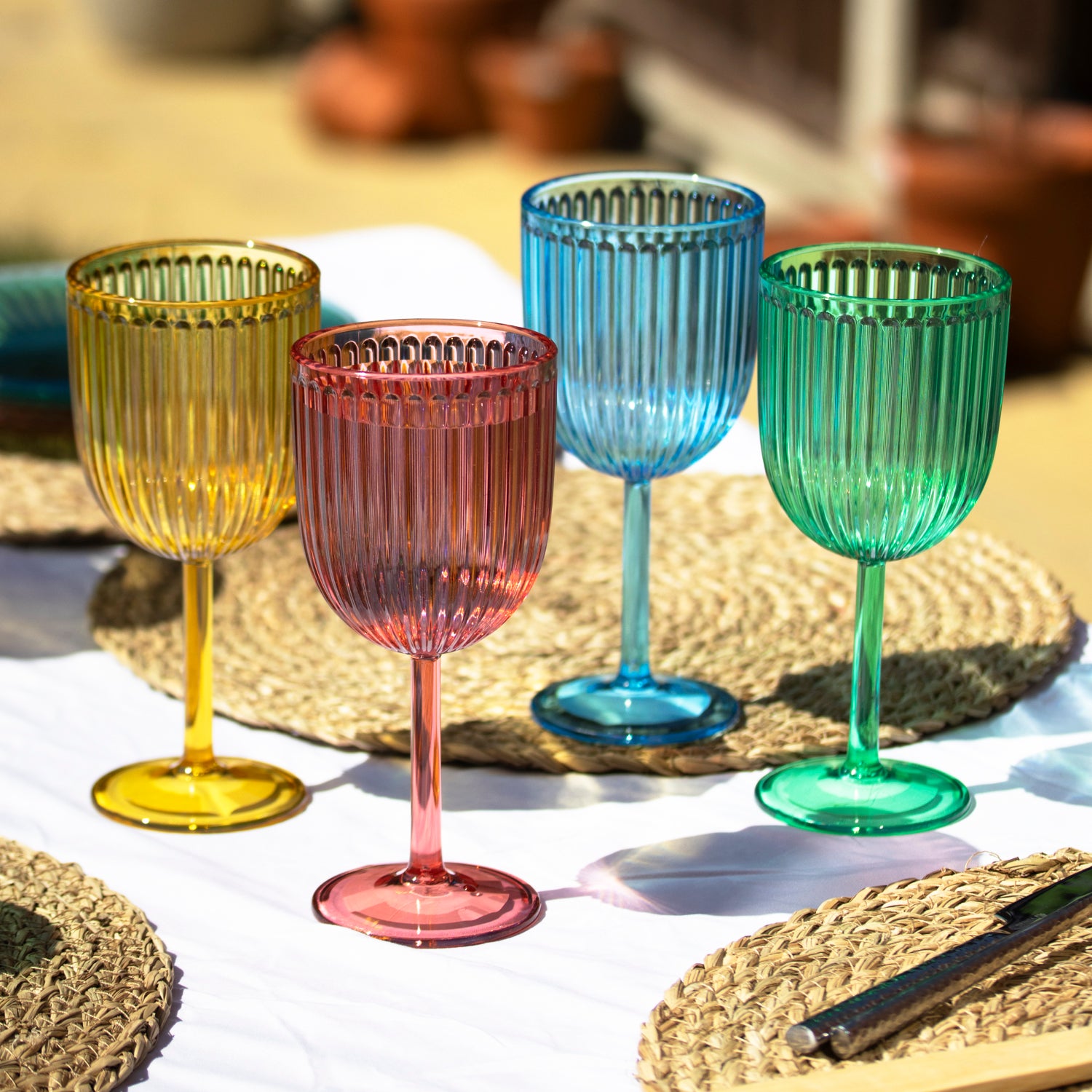 Set Of 4 Melamine Bright Mix Ribbed Wine Glasses