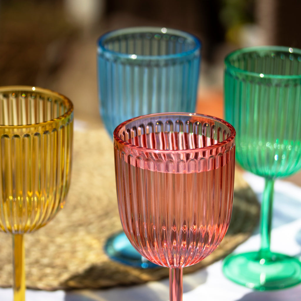 Set Of 4 Melamine Bright Mix Ribbed Wine Glasses
