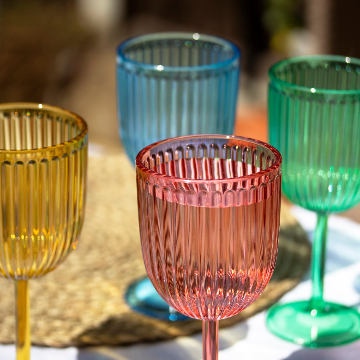 Set Of 4 Melamine Bright Mix Ribbed Wine Glasses