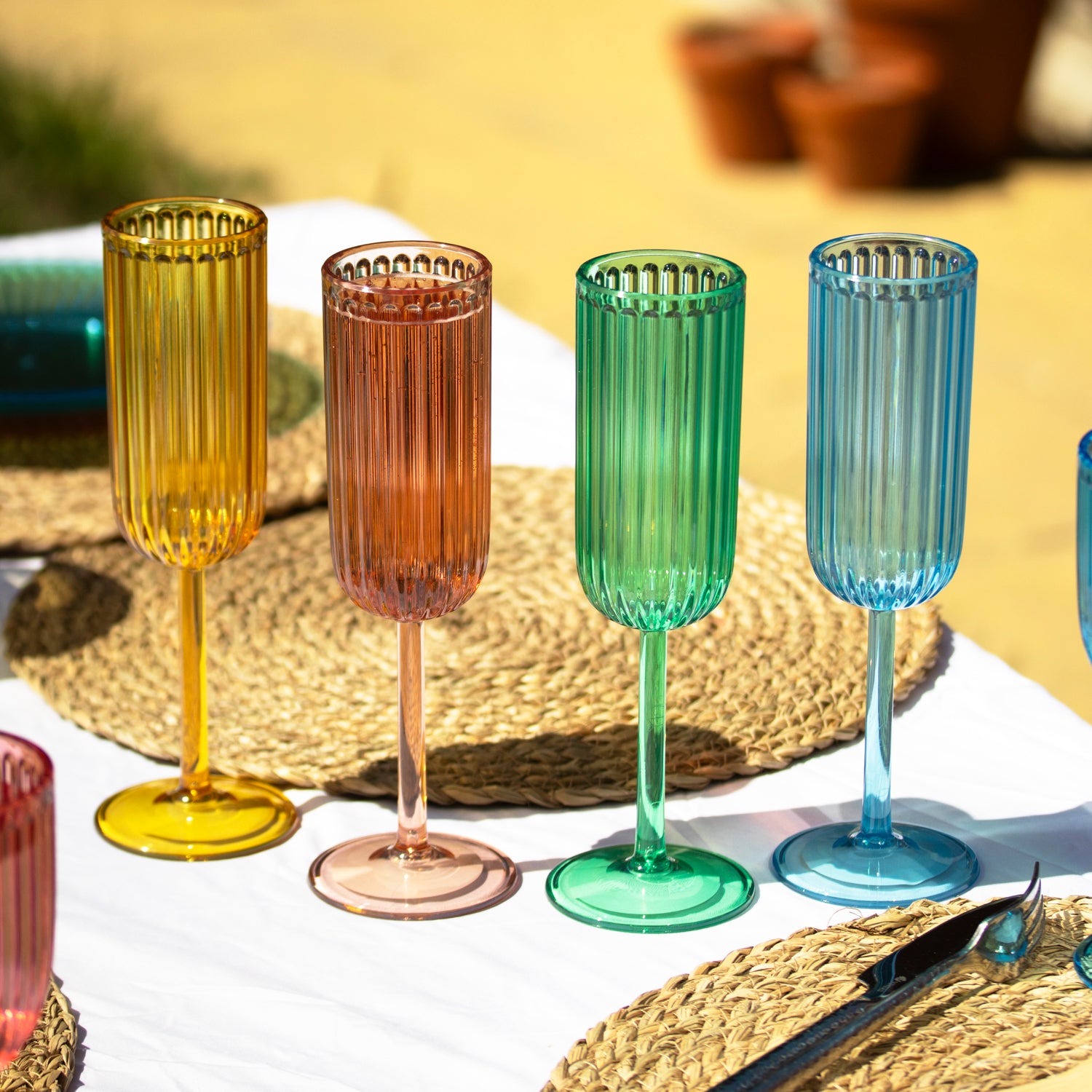 Set Of 4 Melamine Bright Mix Ribbed Champagne Flutes
