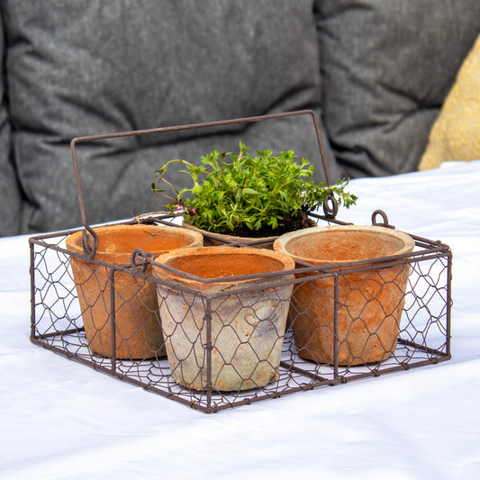 Set Of 4 Aged Terracotta Pots In Wire Basket