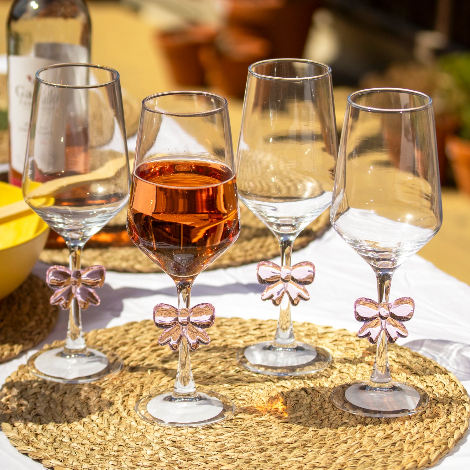 Set Of 4 Pink Bow Tulip Wine Glasses