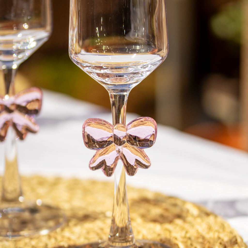Set Of 4 Pink Bow Champagne Flute Glasses