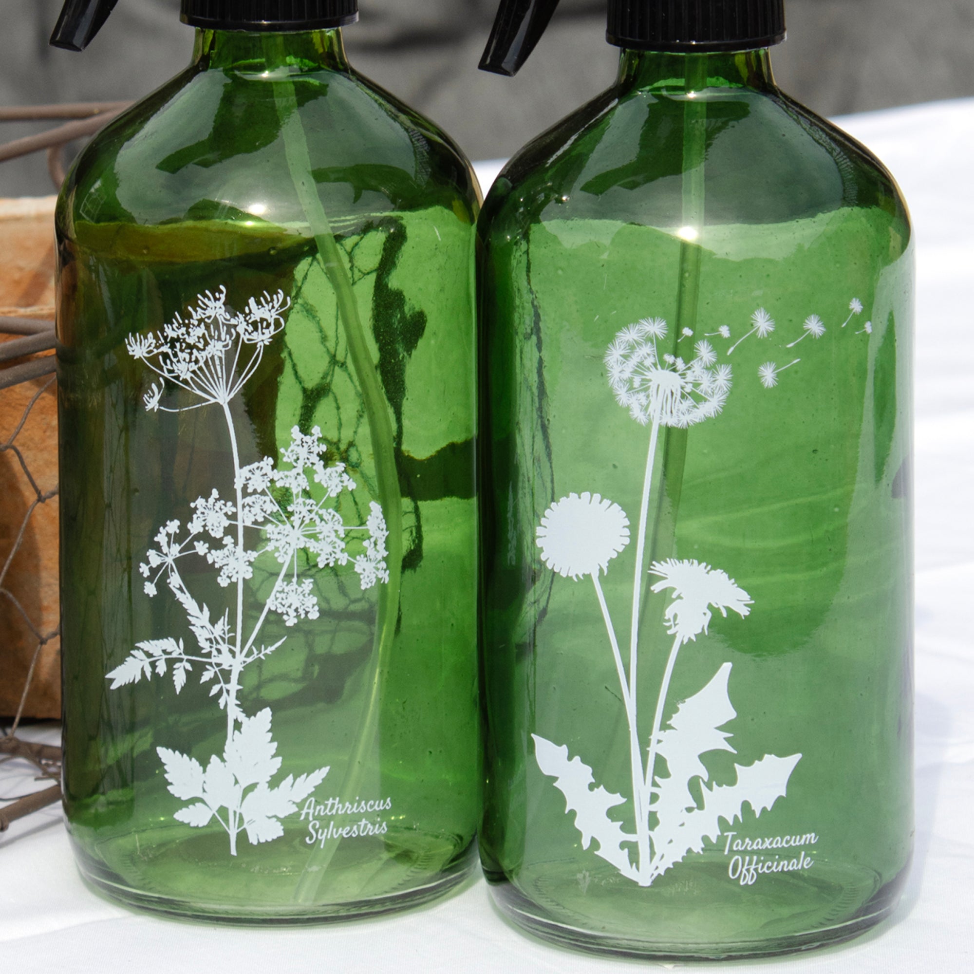 Set Of 2 Green Wildflower Glass Spray Bottles