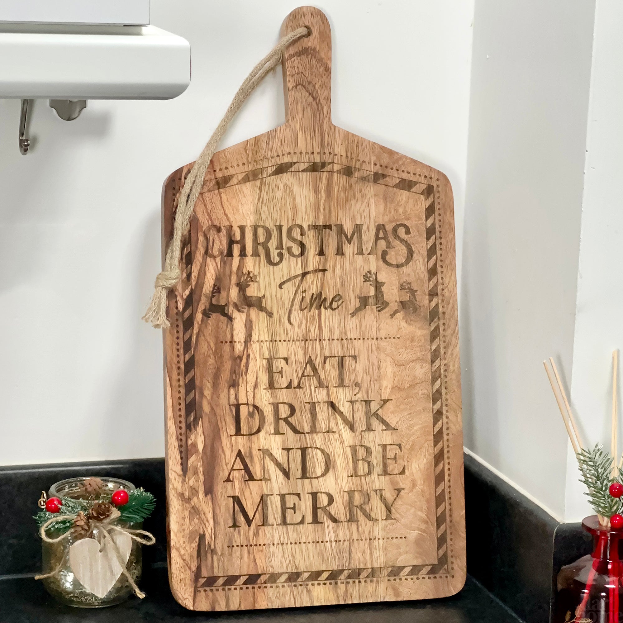 Servierbrett „Eat Drink &amp; Be Merry Christmas“.