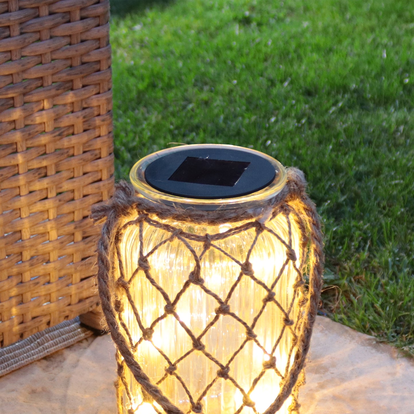 Solar Rope And Ribbed Glass Jar Lantern