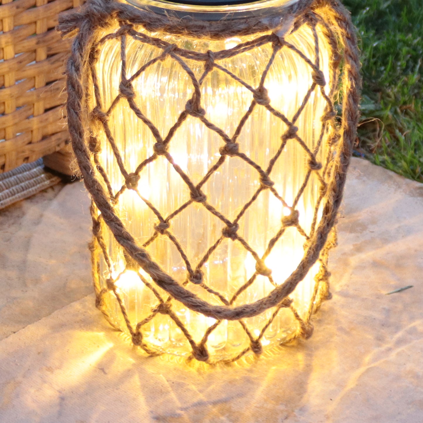 Solar Rope And Ribbed Glass Jar Lantern