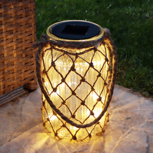 Solar Rope And Ribbed Glass Jar Lantern